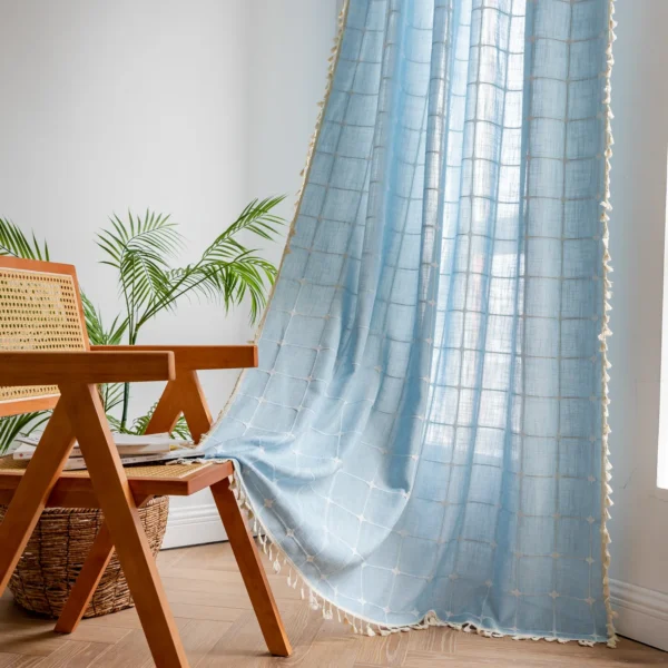 rideau en lin bleu